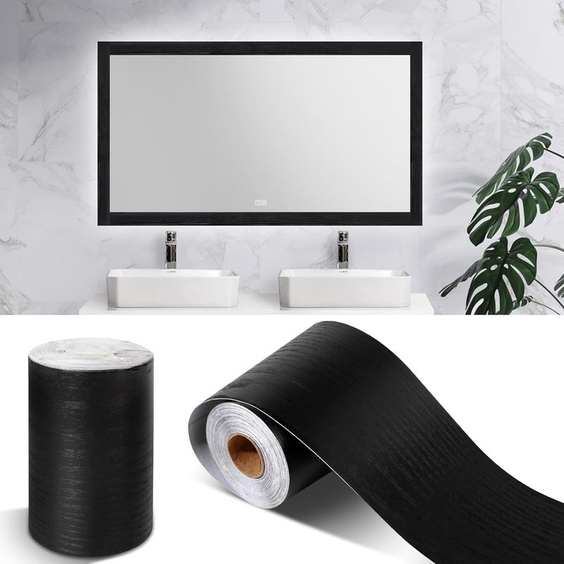 Rindion 45 FT Black Wood Grain Wallpaper Border, Removable Waterproof Mirror Frame Border, Self Adhesive Kitchen Bathroom Mirror Frame Sticker (3.94Inch X 45.9 Ft) - Image 1